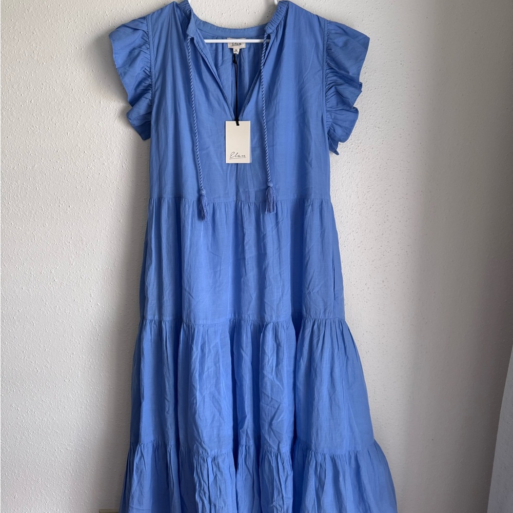 Elan Sky Blue Cotton Tiered Maxi with Tassel Tie